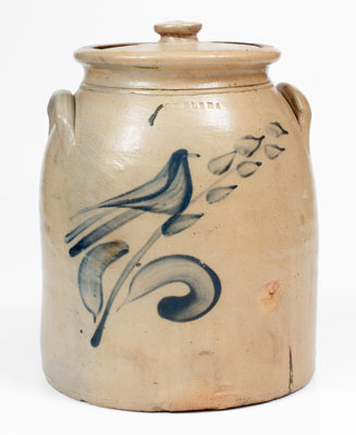 CHELSEA, Massachusetts Stoneware Lidded Jar w/ Cobalt Bird Decoration