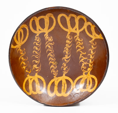 Redware Plate w/ Elaborate Yellow Slip Decoration, late 18th / early 19th century