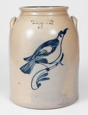 3 Gal. FULPER BROS. / FLEMINGTON, NJ Stoneware Jar w/ Cobalt Bird Decoration, 1881-98