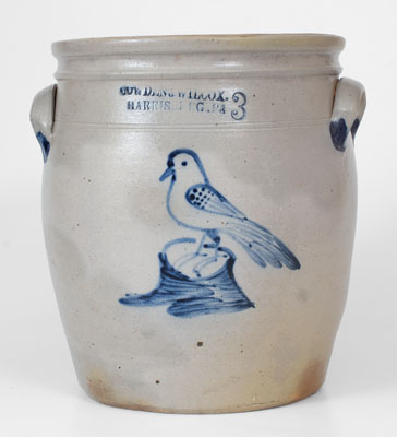 COWDEN & WILCOX / HARRISBURG, PA 3 Gal. Stoneware Jar w/ Cobalt Bird-on-Stump Decoration