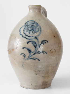 Attrib. Howe & Clark, Athens, New York Stoneware Jug w/ Elaborate Slip-Trailed Floral Decoration, c1805-13