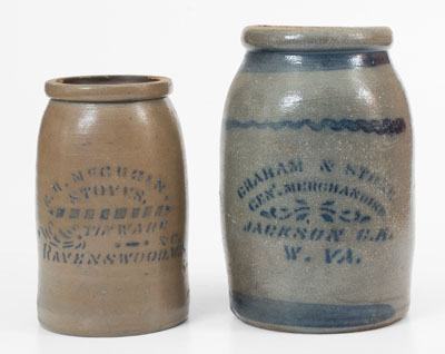 Lot of Two: Stoneware Canning Jars w/ JACKSON C. H., W. VA and RAVENSWOOD, W. VA Advertising