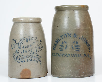 Lot of Two: HAMILTON & JONES / GREENSBORO, PA Stenciled Stoneware Canning Jars