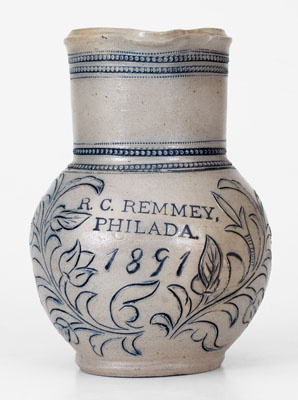 Extremely Rare and Important Small-Sized R. C. REMMEY / PHILADA. Stoneware Pitcher w/ Incised Decoration