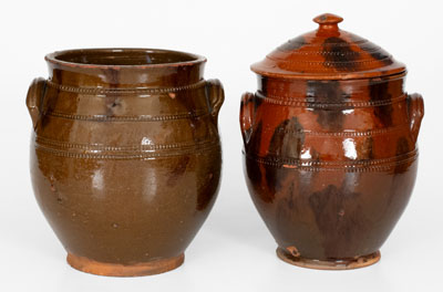 Lot of Two: Norwalk, Connecticut Redware Jars incl. Lidded Example, c1840