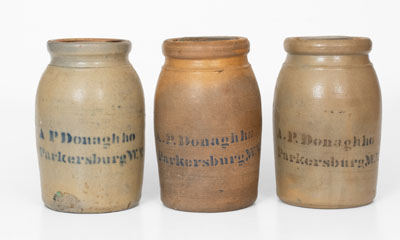 Lot of Three: A. P. Donaghho / Parkersburg, W. VA Half-Gallon Stoneware Canning Jars