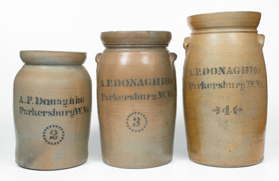 Lot of Three: A. P. DONAGHHO / PARKERSBURG, W. VA Stoneware Churns in Graduated Sizes