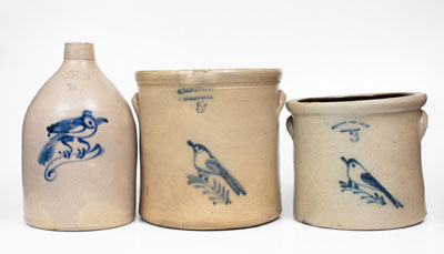 Lot of Three: Stoneware Crocks and Jug with Bird Decorations