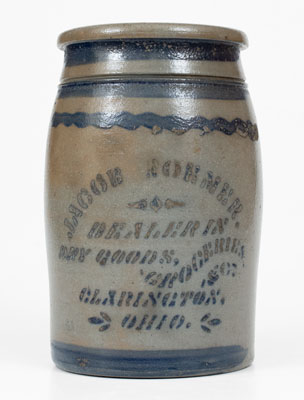 CLARINGTON, OHIO Stenciled Stoneware Advertising Jar