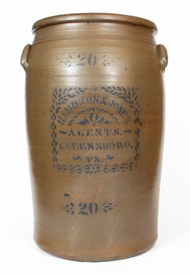 Fine 20 Gal. HAMILTON & JONES / AGENTS / GREENSBORO, PA Stoneware Crock