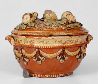 Exceptional John Leman Sgraffito Redware Tureen, possibly Tylersport, Montgomery Co, PA