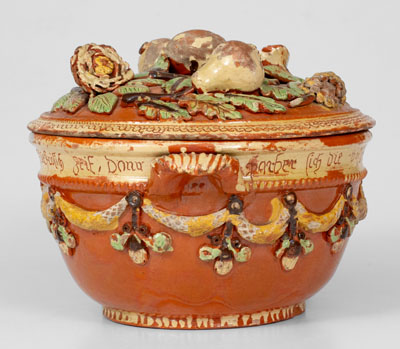 Exceptional John Leman Sgraffito Redware Tureen, possibly Tylersport, Montgomery Co, PA