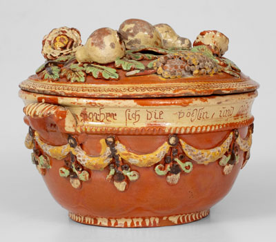 Exceptional John Leman Sgraffito Redware Tureen, possibly Tylersport, Montgomery Co, PA