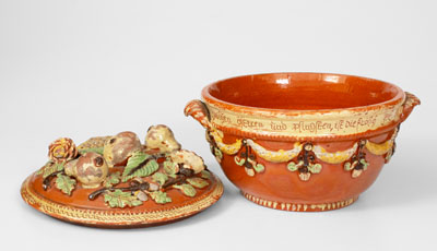 Exceptional John Leman Sgraffito Redware Tureen, possibly Tylersport, Montgomery Co, PA
