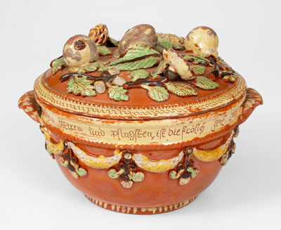 Exceptional John Leman Sgraffito Redware Tureen, possibly Tylersport, Montgomery Co, PA