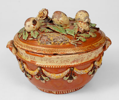 Exceptional John Leman Sgraffito Redware Tureen, possibly Tylersport, Montgomery Co, PA