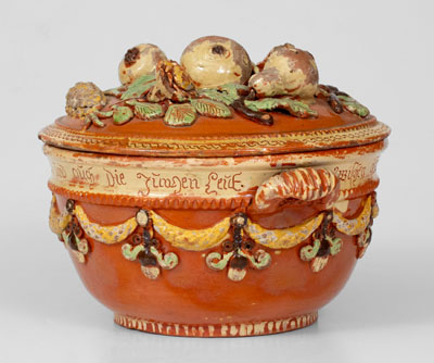 Exceptional John Leman Sgraffito Redware Tureen, possibly Tylersport, Montgomery Co, PA
