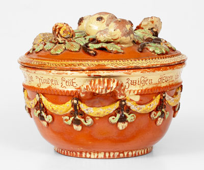 Exceptional John Leman Sgraffito Redware Tureen, possibly Tylersport, Montgomery Co, PA