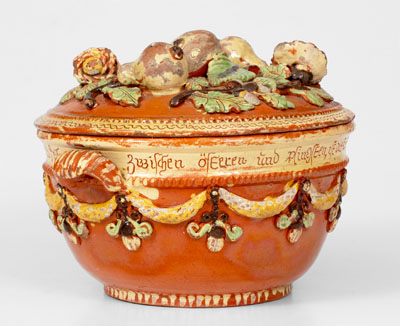 Exceptional John Leman Sgraffito Redware Tureen, possibly Tylersport, Montgomery Co, PA