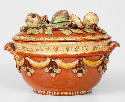 Exceptional John Leman Sgraffito Redware Tureen, possibly Tylersport, Montgomery Co, PA