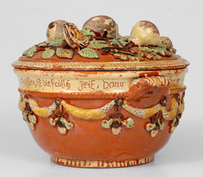 Exceptional John Leman Sgraffito Redware Tureen, possibly Tylersport, Montgomery Co, PA