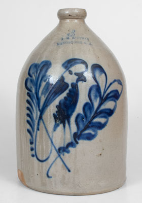 Manchester, New Hampshire Stoneware Advertising Jug w/ Cobalt Parrot Decoration