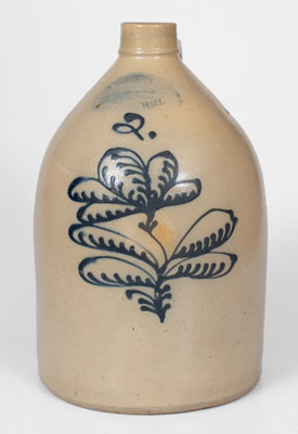 J. BURGER, JR. / ROCHESTER. N.Y. Two-Gallon Stoneware Jug w/ Cobalt Floral Decoration