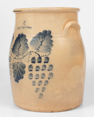 Fine CHARLESTOWN Four-Gallon Stoneware Jar w/ Cobalt Double Grapes (Barnabas Edmands, Massachusetts)