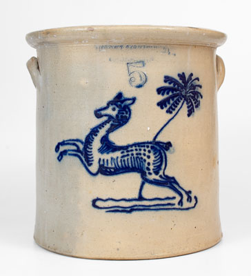 Fine HUBBELL & CHESEBRO / GEDDES, N.Y. Five-Gallon Stoneware Crock w/ Prancing Deer