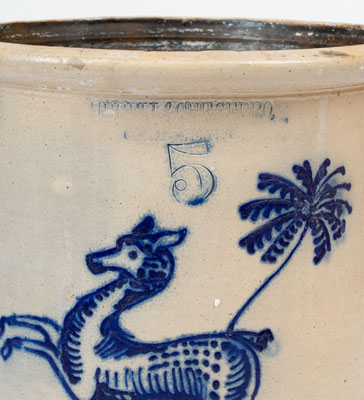 Fine HUBBELL & CHESEBRO / GEDDES, N.Y. Five-Gallon Stoneware Crock w/ Prancing Deer