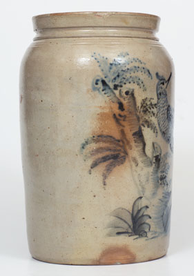 Rare and Fine Stoneware Jar w/ Elaborate Slip-Trailed Bird Decoration, probably New Jersey, c1855