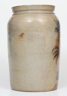 Rare and Fine Stoneware Jar w/ Elaborate Slip-Trailed Bird Decoration, probably New Jersey, c1855