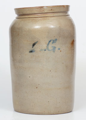 Rare and Fine Stoneware Jar w/ Elaborate Slip-Trailed Bird Decoration, probably New Jersey, c1855