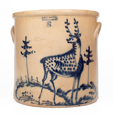 J. & E. NORTON / BENNINGTON, VT Stoneware Crock w/ Large Standing Deer Decoration