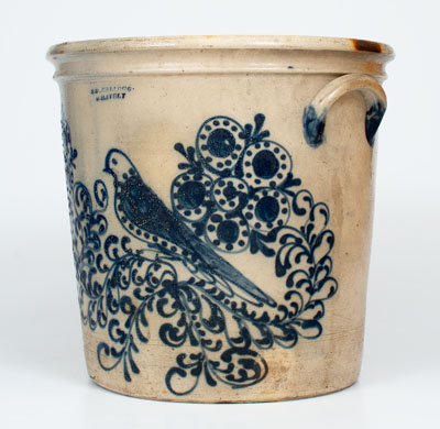 Exceptional S. D. KELLOGG / WHATELY, Mass. Stoneware Flowerpot w/ Elaborate Mourning Dove and Floral Design