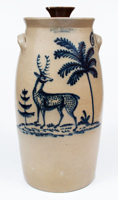 Extremely Rare JOHN BURGER / ROCHESTER Stoneware Churn w/ Elaborate Deer and Tree Decoration