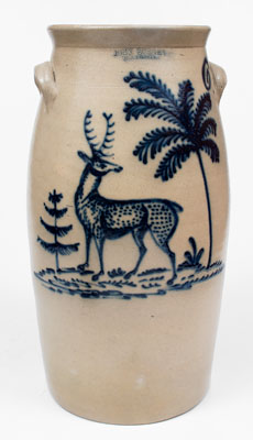 Extremely Rare JOHN BURGER / ROCHESTER Stoneware Churn w/ Elaborate Deer and Tree Decoration