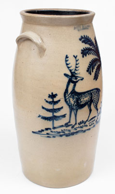 Extremely Rare JOHN BURGER / ROCHESTER Stoneware Churn w/ Elaborate Deer and Tree Decoration