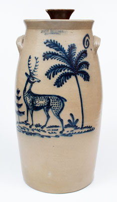 Extremely Rare JOHN BURGER / ROCHESTER Stoneware Churn w/ Elaborate Deer and Tree Decoration