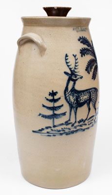 Extremely Rare JOHN BURGER / ROCHESTER Stoneware Churn w/ Elaborate Deer and Tree Decoration