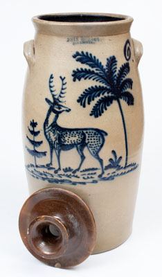 Extremely Rare JOHN BURGER / ROCHESTER Stoneware Churn w/ Elaborate Deer and Tree Decoration