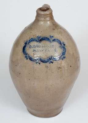 Very Fine DAVID MORGAN / NEW YORK Stoneware Jug w/ Impressed Hearts and Swag Decoration, c1800