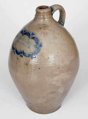 Very Fine DAVID MORGAN / NEW YORK Stoneware Jug w/ Impressed Hearts and Swag Decoration, c1800