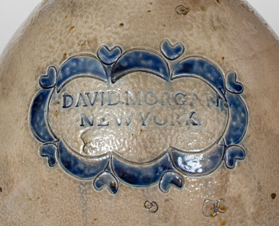Very Fine DAVID MORGAN / NEW YORK Stoneware Jug w/ Impressed Hearts and Swag Decoration, c1800