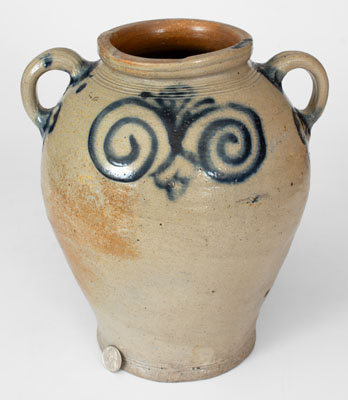 Exceptional Vertical-Handled Stoneware Jar w/ Watchspring Design, Manhattan, NY, circa 1775