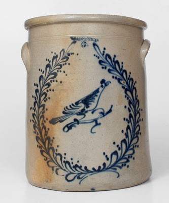 Rare Six-Gallon WHITES UTICA (New York) Stoneware Crock w/ Cobalt Bird-in-Wreath Decoration