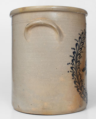 Rare Six-Gallon WHITES UTICA (New York) Stoneware Crock w/ Cobalt Bird-in-Wreath Decoration