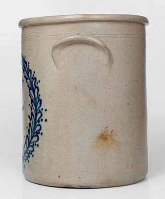 Rare Six-Gallon WHITES UTICA (New York) Stoneware Crock w/ Cobalt Bird-in-Wreath Decoration