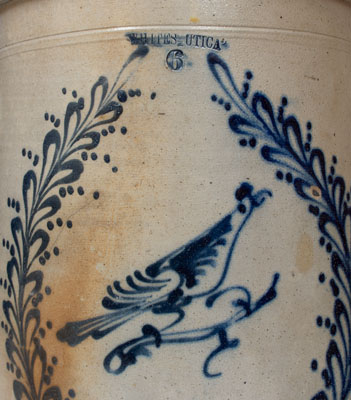 Rare Six-Gallon WHITES UTICA (New York) Stoneware Crock w/ Cobalt Bird-in-Wreath Decoration