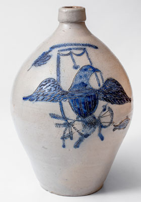 Highly Important BARNABAS EDMANDS & CO. / CHARLESTOWN Stoneware Jug w/ Elaborate Incised Federal Eagle and Fish Decoration